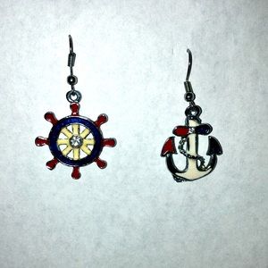 Nautical Anchor and Wheel Ship Dangle Earrings Design w/ Red, White & Blue